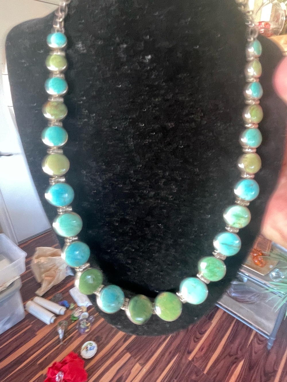 Navajo Darrell Morgan Sterling Green and Turquoise Stone Statement Necklace